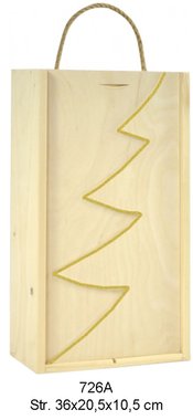 Vinkasse i træ til 2 flasker vin. Med motiv af juletræ. Hævet mønster i guld.