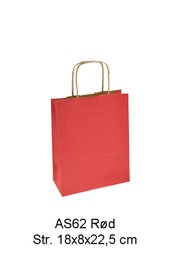 Rød papirspose med snoet hank. 90 gr. Størrelse 18 x 8 x 22,5 cm